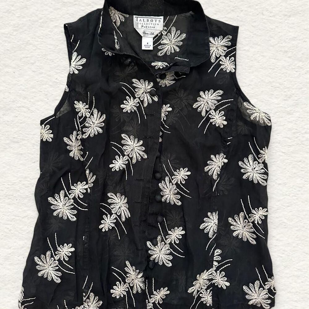 Talbots black silk sheer blouse with white floral embroidery